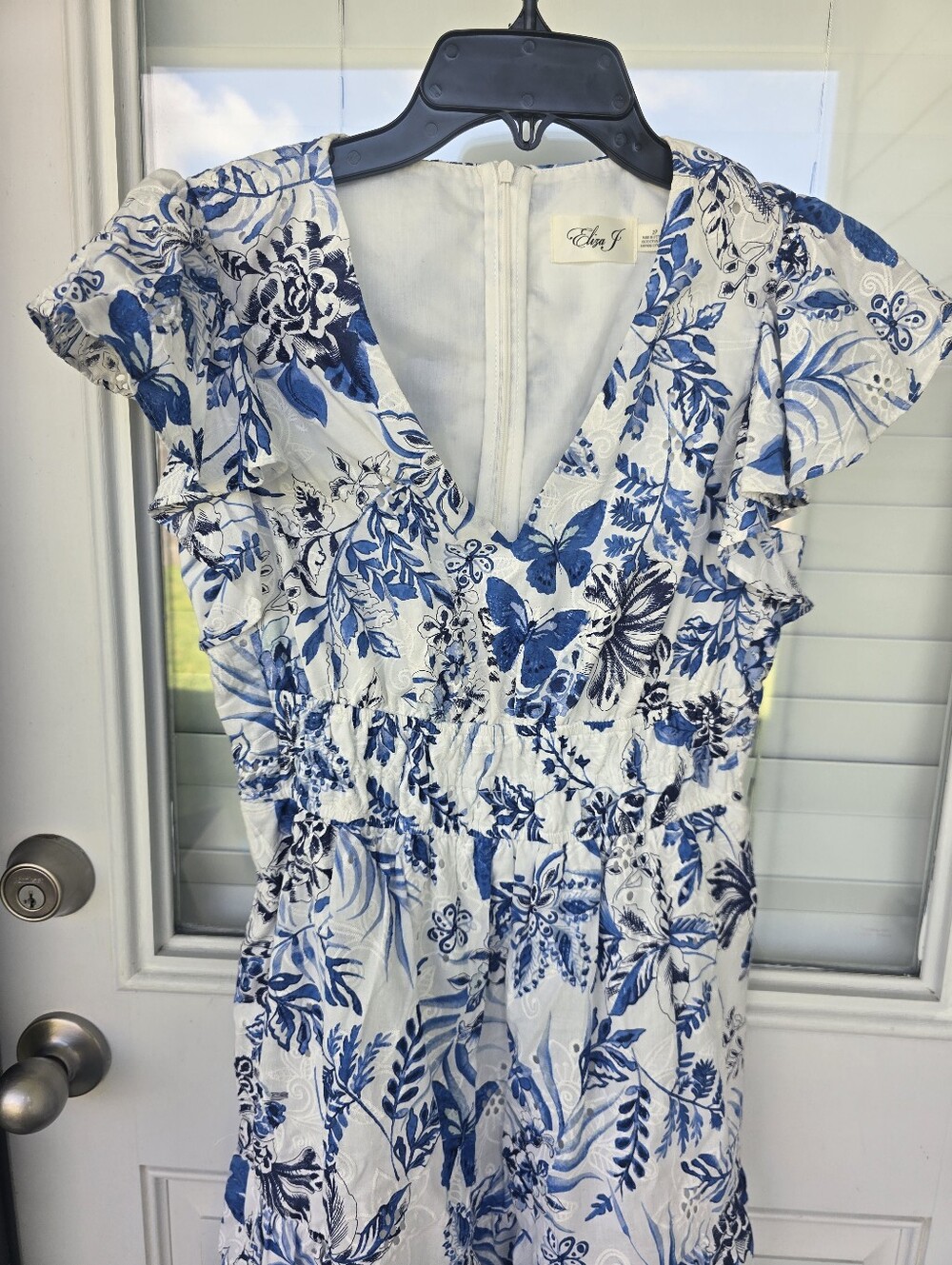 NWT Eliza J 2P Blue White Floral Flutter Sleeve Dress Petite V Neck Summer - Picture 4 of 9